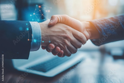 Professional handshake symbolizing partnership, collaboration, business agreement with digital technology overlay and modern workplace ambiance