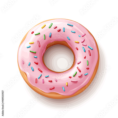 Colorful strawberry glazed donut with sprinkles in a clean cartoon vector style, no shadow, isolated on white background