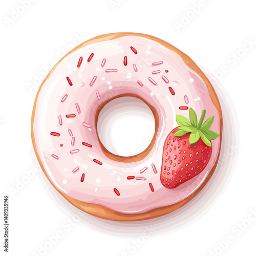 Colorful strawberry glazed donut with sprinkles in a clean cartoon vector style, no shadow, isolated on white background