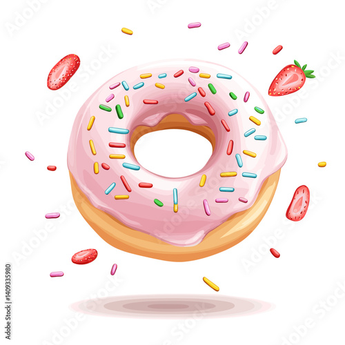 Colorful strawberry glazed donut with sprinkles in a clean cartoon vector style, no shadow, isolated on white background