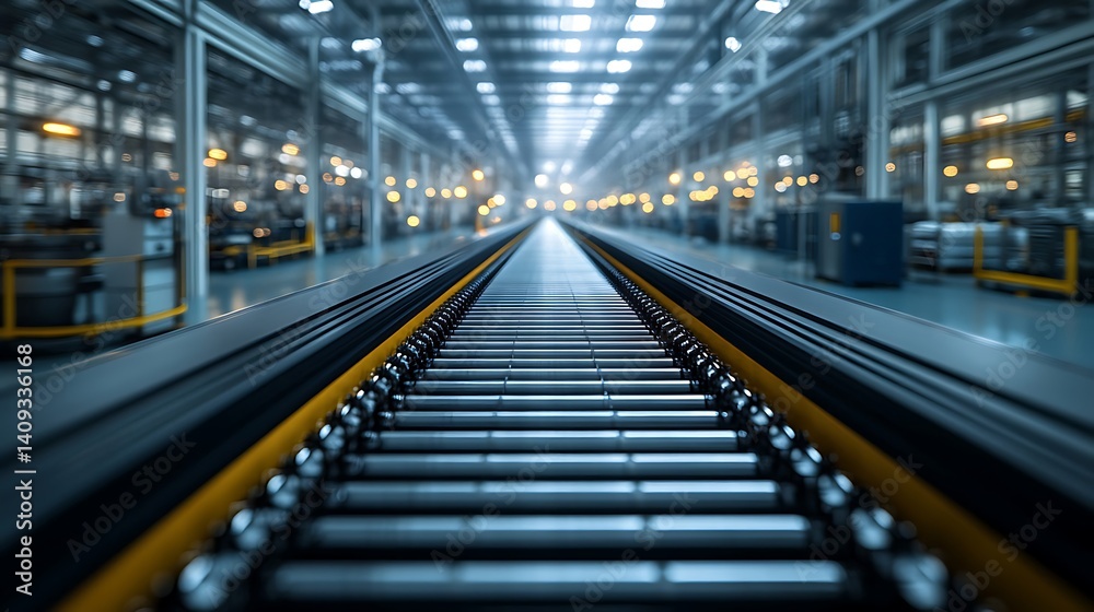 Industrial assembly line stretches through a large factory. Industrial assembly line stretches through a large factory.