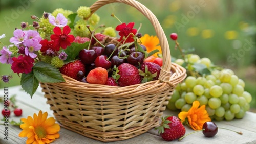 seasonal fruits A vibrant basket filled with fresh fruits and flowers, set against a lush green background.