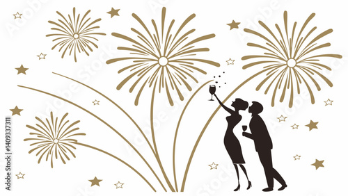 Romantic New Year s Eve couple toasting with fireworks gold elegant design silhouette