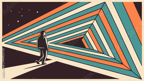 Man walking towards a vibrant striped geometric tunnel retro style bold colors starry night