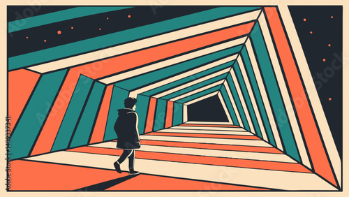 A lone figure walks down a vibrant geometric tunnel toward an unknown future bold retro style with
