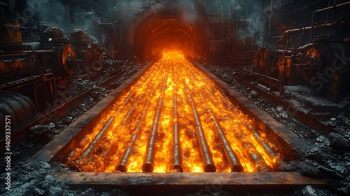 Molten metal pipes heat treatment process. photo