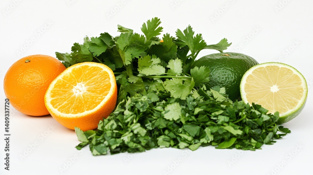 Bright, zesty Mojo verde ingredients such as vibrant herbs and citrus against neutral white backdrop Bright, zesty Mojo verde ingredients such as vibrant herbs and citrus against neutral white backdrop