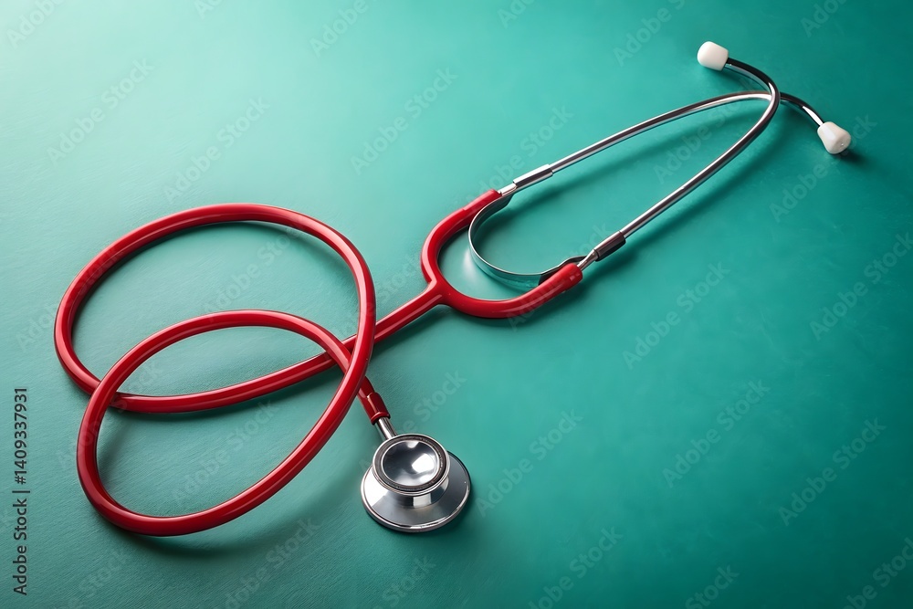 A slightly high-angle, close-up shot features a vibrant red stethoscope lying diagonally across a smooth, teal-green surface A slightly high-angle, close-up shot features a vibrant red stethoscope lying diagonally across a smooth, teal-green surface