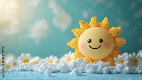 Generative AI Image of Cute Happy Sun with Daisy Flower Floral Decoration on Blue Background