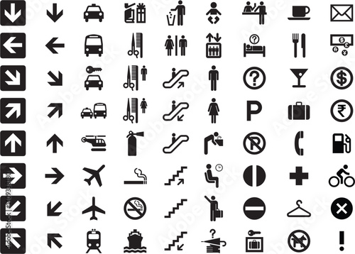 Set of Public Transportation related icons. Minimal flat graphic transport symbol. warning, mandatory, prohibition and information traffic signs. European traffic signs collection. City arrow icon