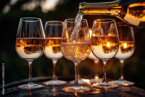Pouring White Wine Into Glasses on Wooden Barrel at Dusk with Sunset Lighting