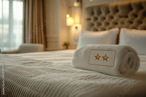 Luxury Hotel Room with Five Star Rating in Soft Ambient Lighting and Modern Minimalist Design photo