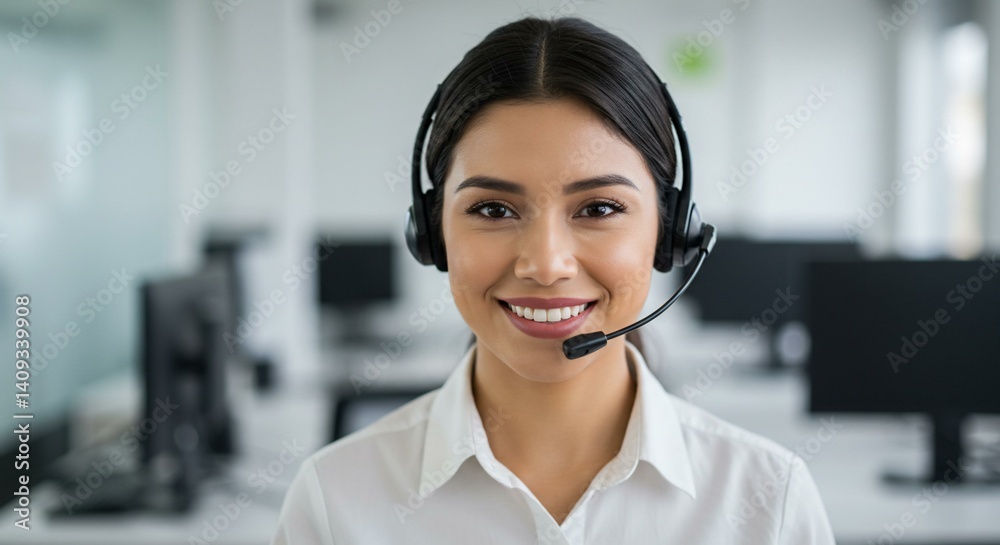 Friendly representative wears headset while smiling in office setting. Friendly representative wears headset while smiling in office setting.