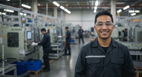 Smiling technician wearing safety glasses in factory environment.