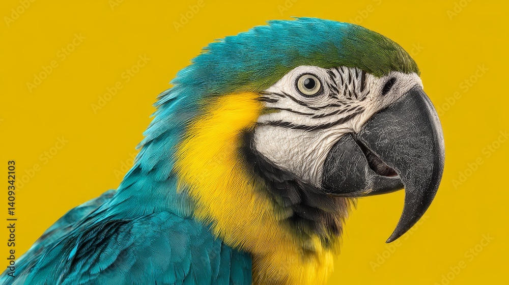 Vibrant Macaw Majesty: A Stunning Close-Up Portrait of a Blue and Yellow Macaw Against a Brilliant Yellow Background Vibrant Macaw Majesty: A Stunning Close-Up Portrait of a Blue and Yellow Macaw Against a Brilliant Yellow Background
