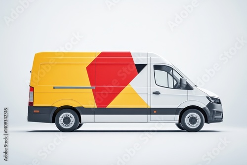 Delivery Van: A sleek, modern delivery van, showcases a bold, geometric design with vibrant colors, capturing the essence of efficient and reliable transport.