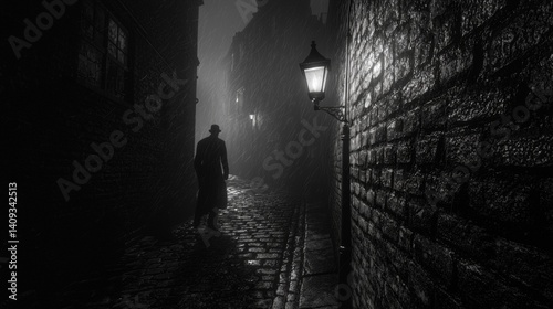 Shadows on a misty cobblestone street in an old town at night