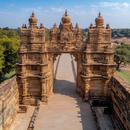 A stunning view of historical temples highlights ancient architecture and cultural heritage through intricate stone designs