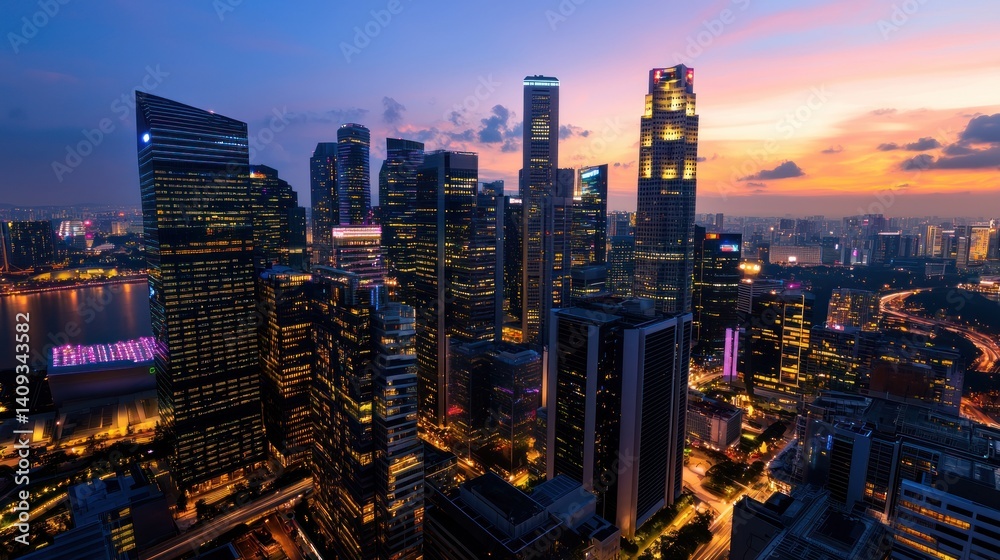Fototapeta premium Singapore city skyline at sunset, aerial view