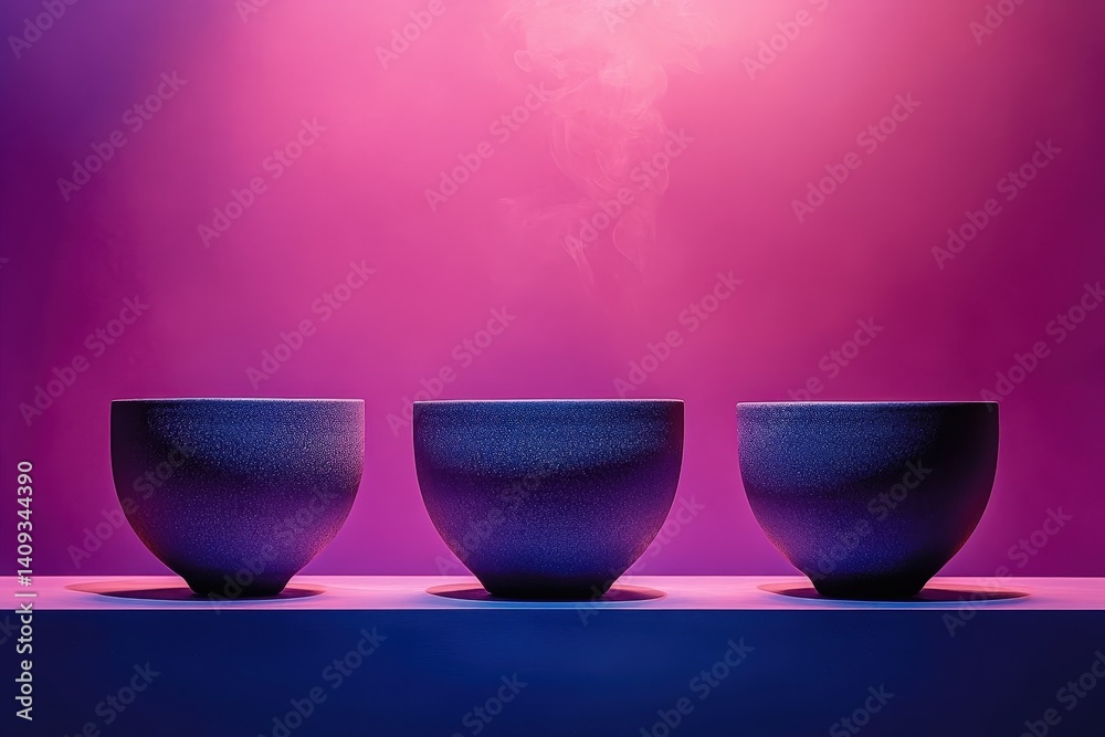 Three dark bowls against a vibrant fuchsia backdrop. Three dark bowls against a vibrant fuchsia backdrop.