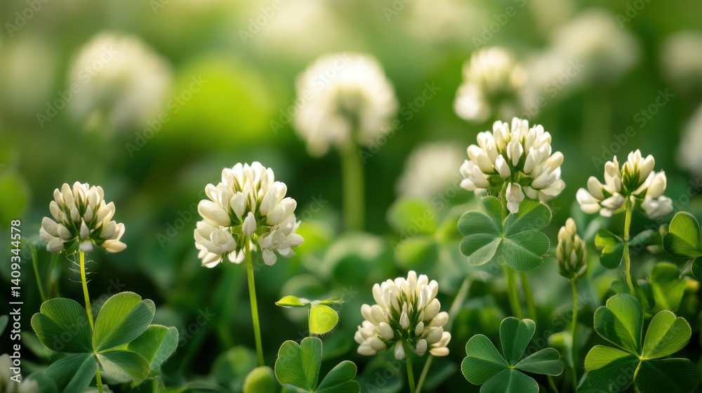 A close up view of white clover flowers and green leaves in a field on a bright sunny day outdoors A close up view of white clover flowers and green leaves in a field on a bright sunny day outdoors