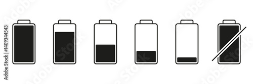 Battery Charge Level Solid Icon Set. Battery And Energy States Silhouette Symbol Collection. Isolated Vector Illustration