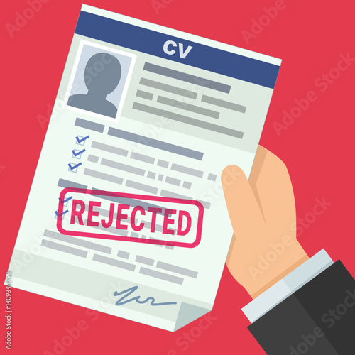 A hand holds a curriculum vitae with red "REJECTED" stamp in flat design style on red background
