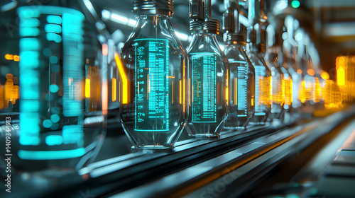 Wallpaper Mural A futuristic production line featuring illuminated bottles moving along a conveyor, emphasizing advanced technology in manufacturing. Torontodigital.ca