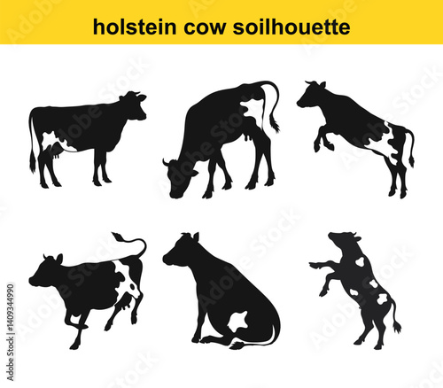 Holstein Cow Silhouette Collection Vector Art Illustration Pack For Farm And Livestock Concepts And Black And White Graphic Design Templates