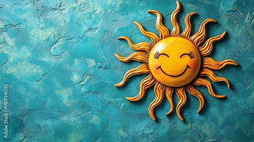 Generative AI Image of Cute Sun with Happy Smile Expression and Empty Space on Blue Background
