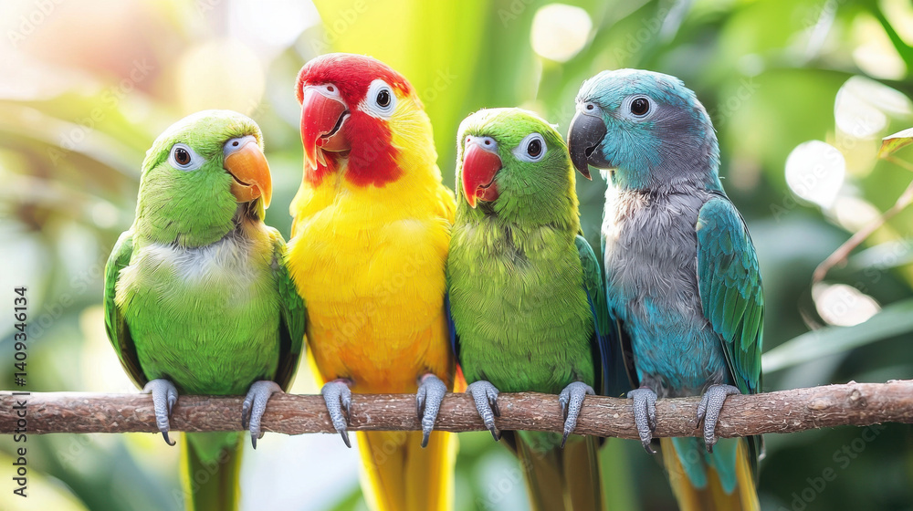 Obraz premium Colorful parrots perched on branch in lush green environment