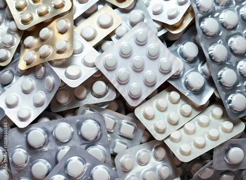 multiple blister packs of round white pills in silver and gold foil packaging
