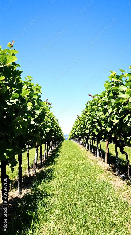 rows of vibrant green grapevines under a clear blue sky rows of vibrant green grapevines under a clear blue sky