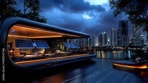Futuristic pod home with solar panels on a waterfront deck at twilight, city skyline view