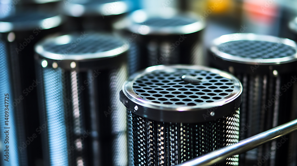 A close up of high performance oil filtration cartridges used in refineries. Featuring industrial filtration technology and precision engineering