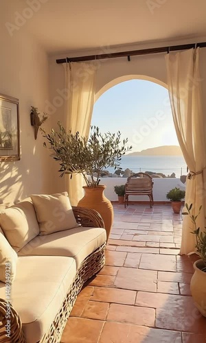 Sunlit Mediterranean Villa Living Room with White Stucco Walls, Arched Doorways, Sea View Terrace, Rattan Furniture, Flowing Curtains, Terracotta Tiles, and Coastal Natural Elegance