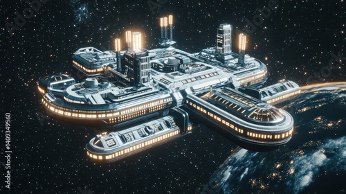 Fototapeta Naklejka Na Ścianę i Meble -  Futuristic space station orbiting Earth, city-like structure in space