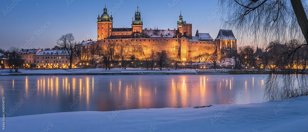 Obraz premium Castle at dusk, lake reflects lights. Winter scenery, snow covered land