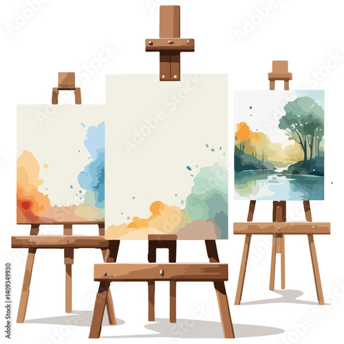 set of three artist easel with canvas, vector on white background