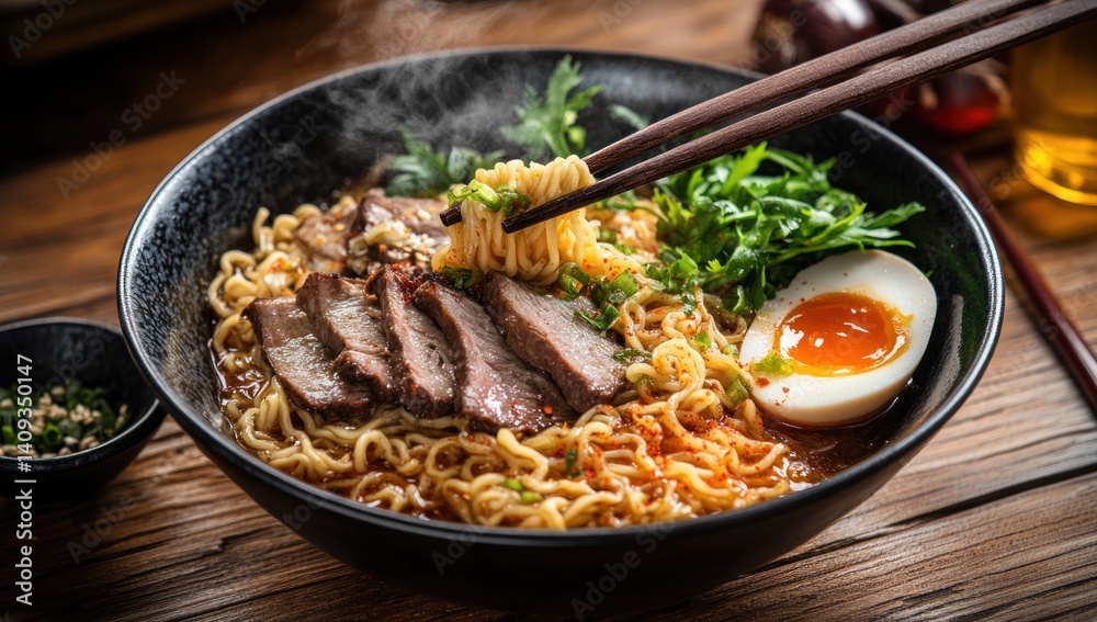 Delicious Spicy Ramen Noodles with Beef and Egg Delicious Spicy Ramen Noodles with Beef and Egg