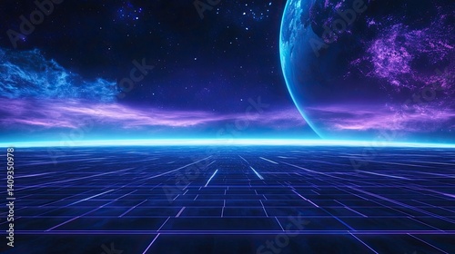 Futuristic Landscape with Neon Lights and Celestial Elements