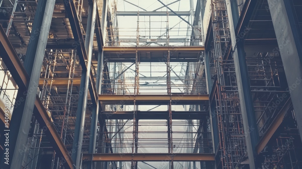 Obraz premium Cinematic shot of indoor steel structure industrial location high fidelity content modern environment low angle view architectural concept