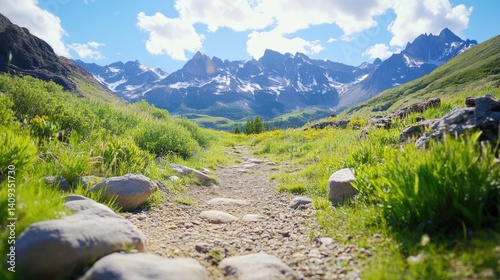 Scenic Mountain Pathway Surrounded by Lush Greenery and Blue Sky