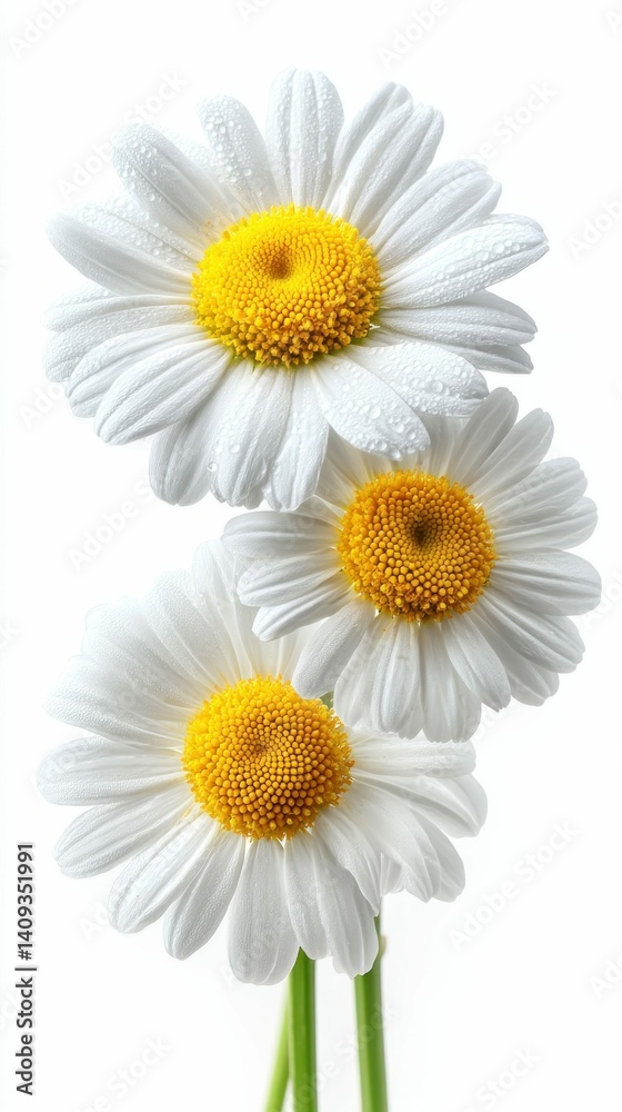Fototapeta premium Three beautiful daisies with white petals and yellow centers, highlighted against a clean white backdrop.