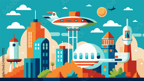 The city was a hub of futuristic technology with eVTOLs providing a convenient and efficient mode of transportation. It was a picturesque blend of old and new.. Vector illustration
