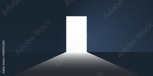 Dark Room, Light Coming In Through an Open Exit Door - Freedom, New Possibilities, Hope of Bright Future, Overcome Problems, Solution Finding Concept - Black and White Design