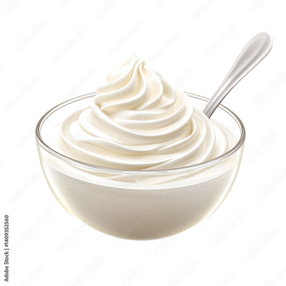 Bowl of fresh creamy yogurt with a spoon isolated on a white transparent background. Bowl of fresh creamy yogurt with a spoon isolated on a white transparent background.