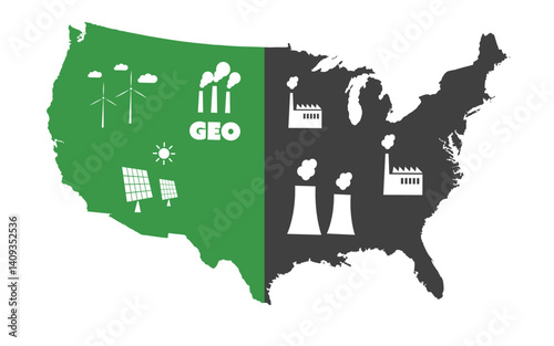 A stylized map concept of the United States contrasts green renewable energy sources on the left with black polluting industries on the right, highlighting the choice between clean and dirty energy.
