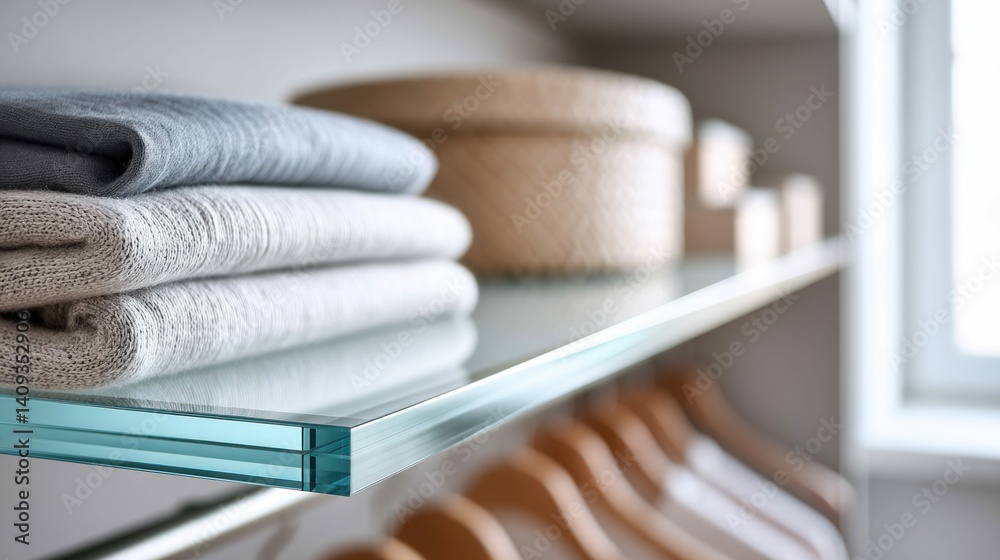 Neatly folded sweaters are stacked on a glass shelf, accompanied by a decorative woven container and wooden hangers below, showcasing a clean interior.