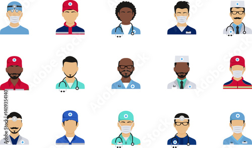 Doctors icons in uniform. Flat style men. Vector illustration